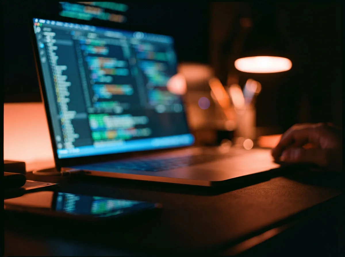 Reflet d’un éditeur de code sur un bureau sombre.