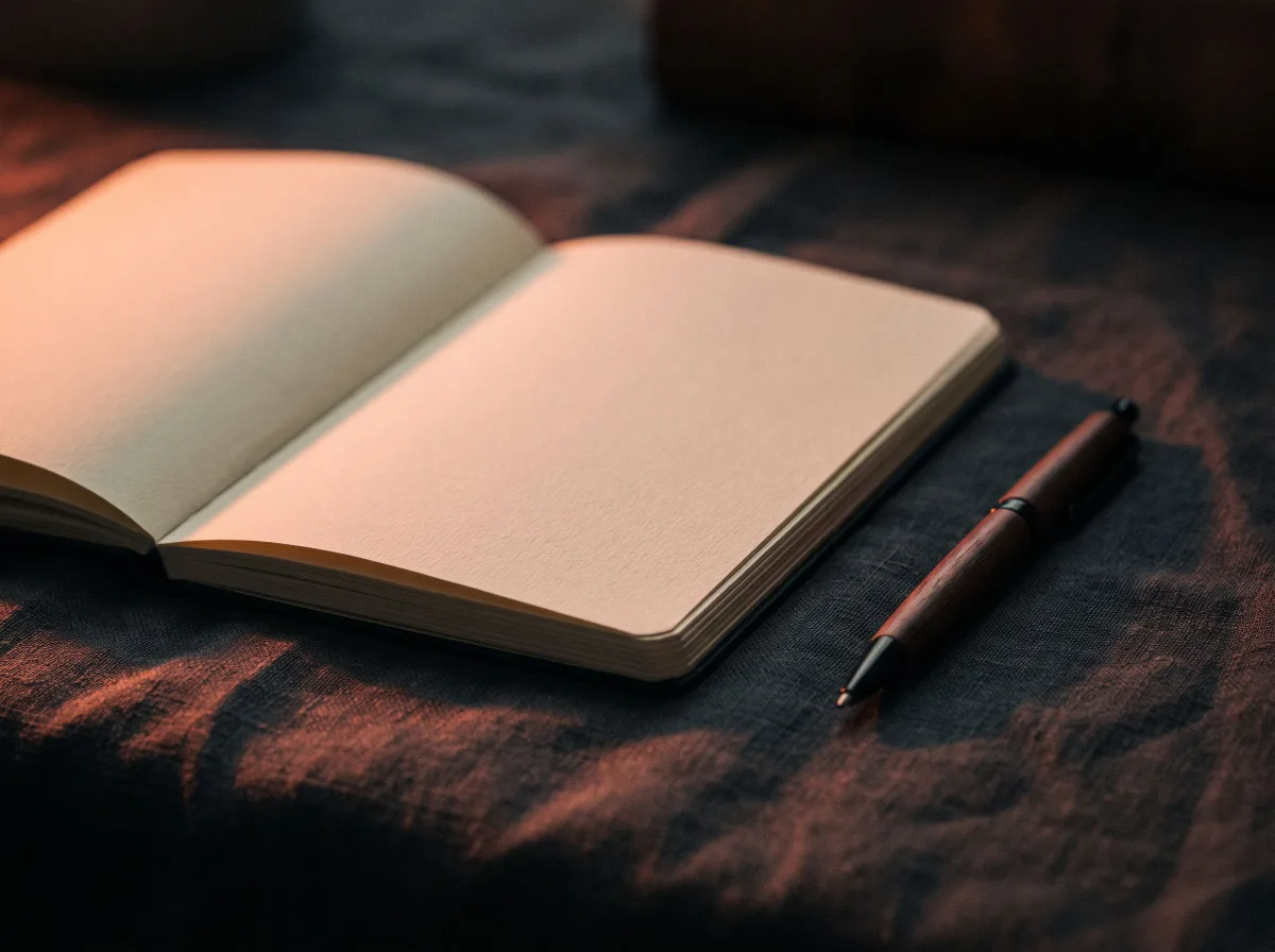 Un carnet ouvert et un stylo sur une surface sombre.